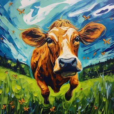 Cow Flying Over a Green Meadow 2 by Kurt Heppke