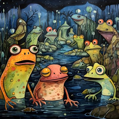 Full-page watercolor and ink painting of frogs 1 by Kurt Heppke