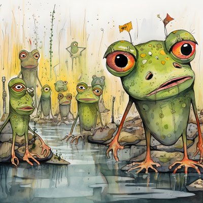 Full-page watercolor and ink painting of frogs 3 by Kurt Heppke