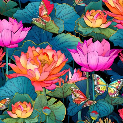 Seamless Pattern of Lotus Flowers and Butterflies 3 by Kurt Heppke