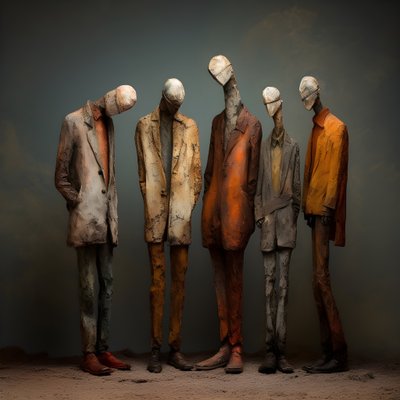 Four Clay Figures of Men Standing Side by Side 1 by Kurt Heppke