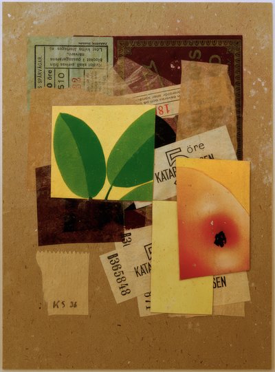 Untitled (With Apple Piece and Green Leaves) by Kurt Schwitters