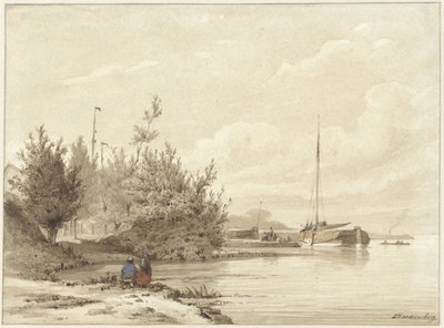 Landscape with Moored Boats on a Riverbank by Lambertus  Hardenberg