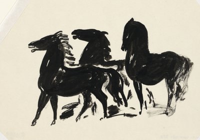 Three Black Horses Standing Looking Left by Leo Gestel