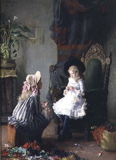 Two Girls Dressing a Doll by Leon Delachaux