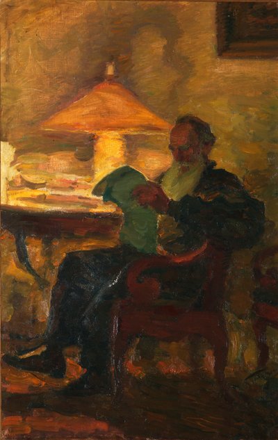 Leo Tolstoy with a newspaper by Leonid Osipovich Pasternak