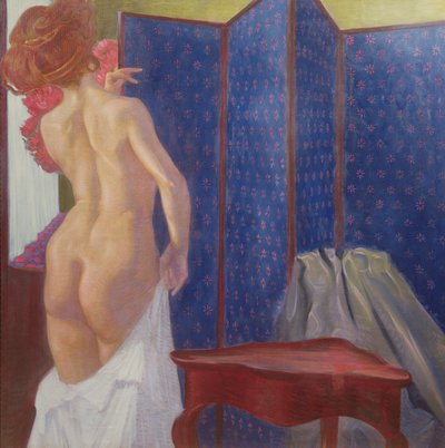Female Nude by a Screen by Leopold Blauensteiner