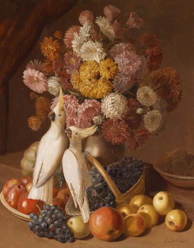 Still Life with Flowers, Fruits, and Nymph Parakeets by Leopold von Stoll