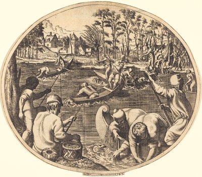 Fishing Scene by Léon Davent after Francesco Primaticcio