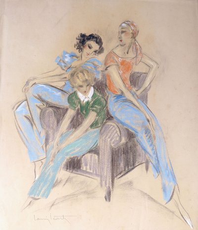 Three Girls Seated on an Armchair by Louis Icart