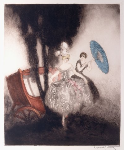 Two Girls Preparing to Enter a Carriage by Louis Icart