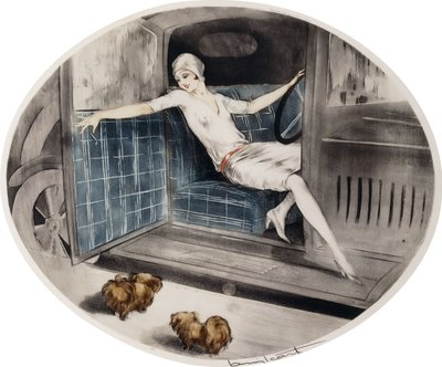 Woman in a Car with Two Pekinese by Louis Icart