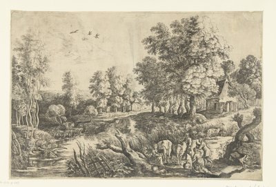 Farmers with Cattle by a Stream by Lucas van Uden