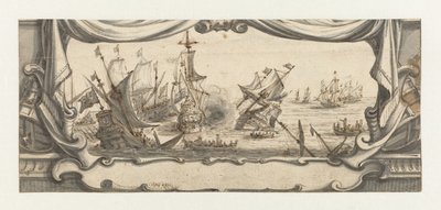 Naval Battle in a Cartouche by Ludolf Bakhuysen