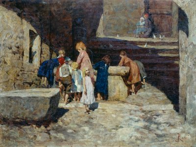Children at the fountain by Luigi Rossi