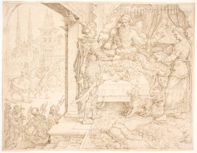 Ahasuerus Consulting Haman by Maarten van Heemskerck