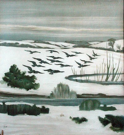 Rooks Flying Over a Winter Landscape by Madeline Wyndham