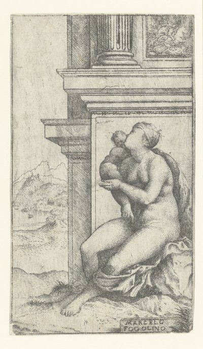 Woman with Child Sitting by Classical Building by Marcello Fogolino
