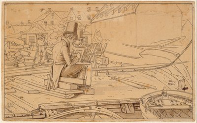 An Artist Painting by a Shipyard by Martinus Rørbye