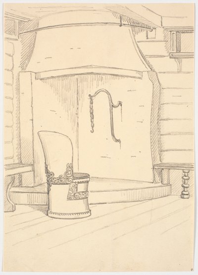 Fireplace and Round Wooden Chair with Backrest by Martinus Rørbye