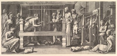 Women spinning, weaving and sewing, 1540-50 by Master FG