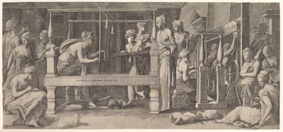 Women Spinning, Weaving and Sewing by Master FG