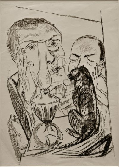 Self-Portrait with Cat and Lamp by Max Beckmann