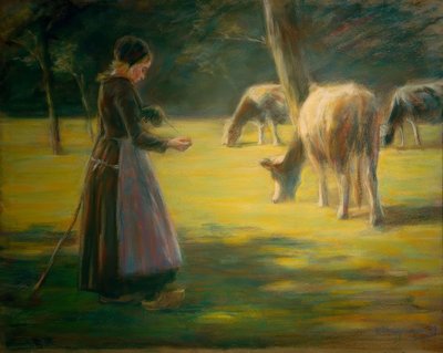 Spinning Cowherd on the Pasture – In the Sunshine by Max Liebermann