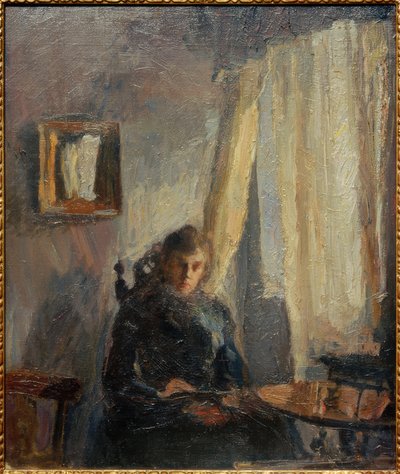 Interior Nini at the Table with Curtain by Max Slevogt