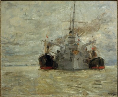 Warship Bunkering Coal in Hamburg Harbor by Max Slevogt