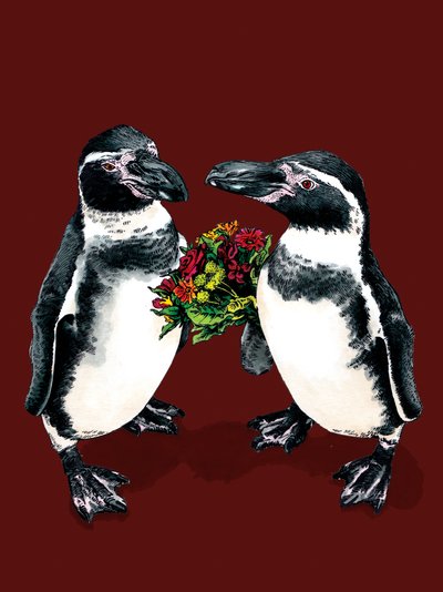 Anniversary Penguins on Red Oxide by Mike Davis