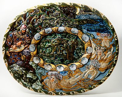 Majolica dish depicting Sadko the Fisherman by Mikhail Aleksandrovich Vrubel