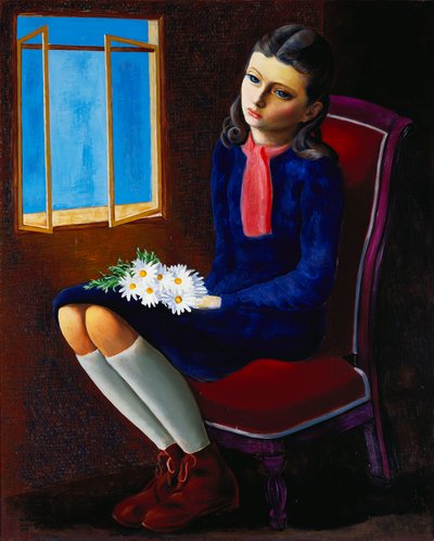 A Young Girl Seated with Daisies by Moise Kisling