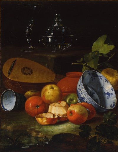 Mandolin, cup and bowl, porcelain, apples, 1706 by Monari