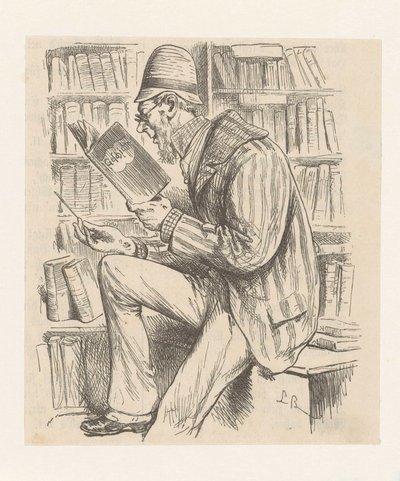 Man in a Bookstore by Monogrammist LB (Duitsland 19e eeuw)