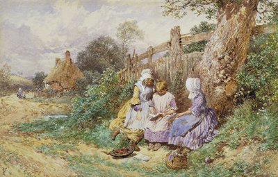 Children Reading Beside a Country Lane by Myles Birket Foster