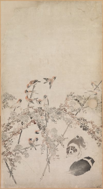 Puppies, Sparrows and Chrysanthemums by Nagasawa Rosetsu
