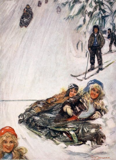 Girls on overturned sledge, Holmencollen by Nico Jungman