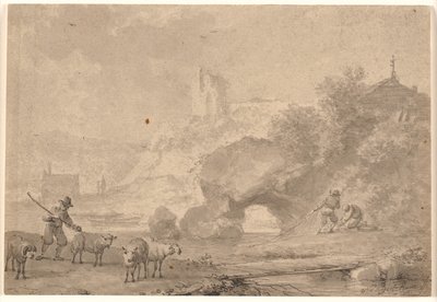 Shepherd and Fishermen in a Southern River Landscape by Nicolaes Berchem