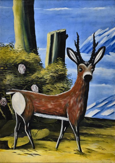 Roe Deer and Landscape by Niko Pirosmani