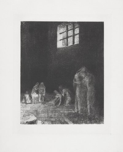 In the shadow, people cry and pray... by Odilon Redon
