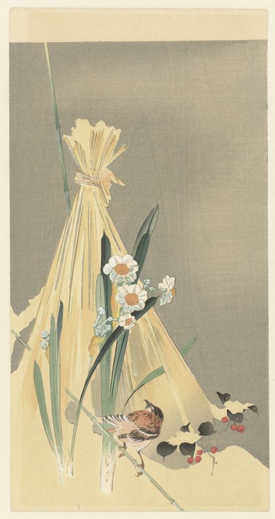 Songbird by a Hay Bundle by Ohara Koson (attributed to)