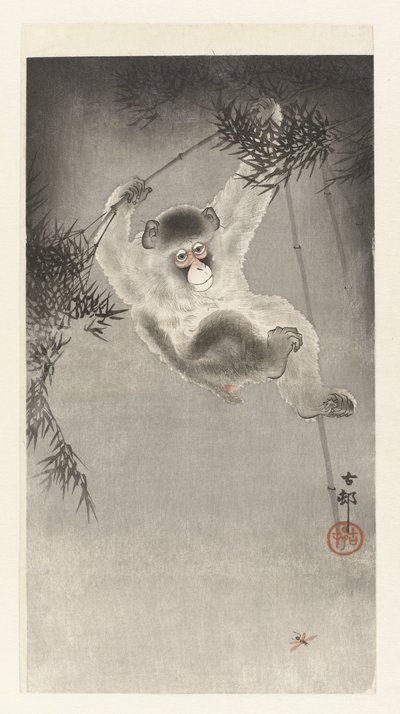 Monkey Hanging from Bamboo Branch by Ohara Koson
