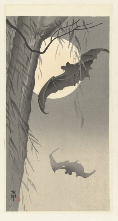 Bats and Full Moon by Ohara Koson