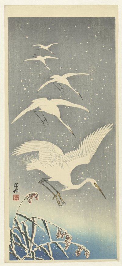 Descending Egrets in Snow by Ohara Koson