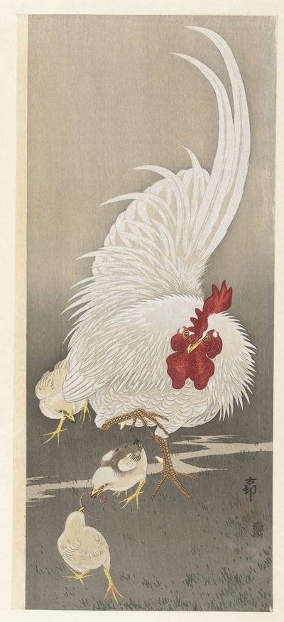 Rooster and Three Chicks by Ohara Koson