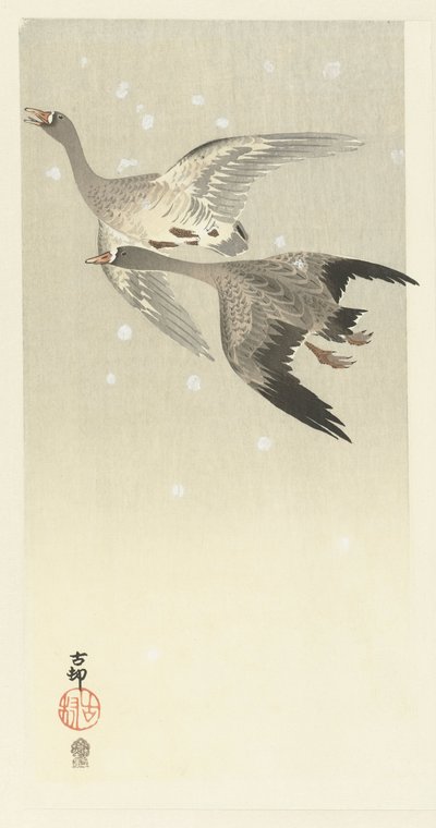 Barnacle Geese Flying in the Snow by Ohara Koson