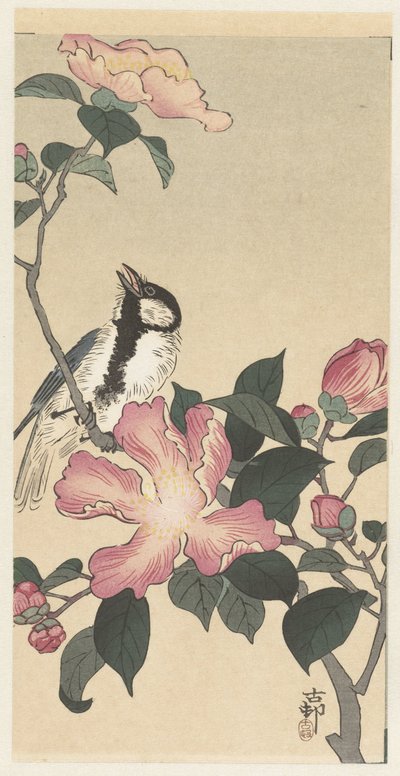 Great Tit on Branch with Pink Flowers by Ohara Koson