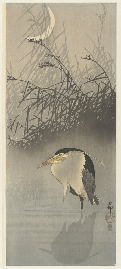 Heron at New Moon by Ohara Koson