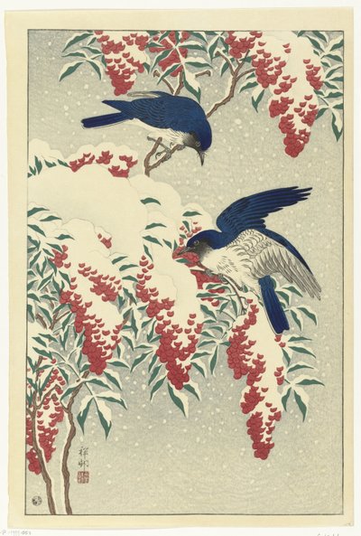 Flycatchers on a Nandina Bush by Ohara Koson